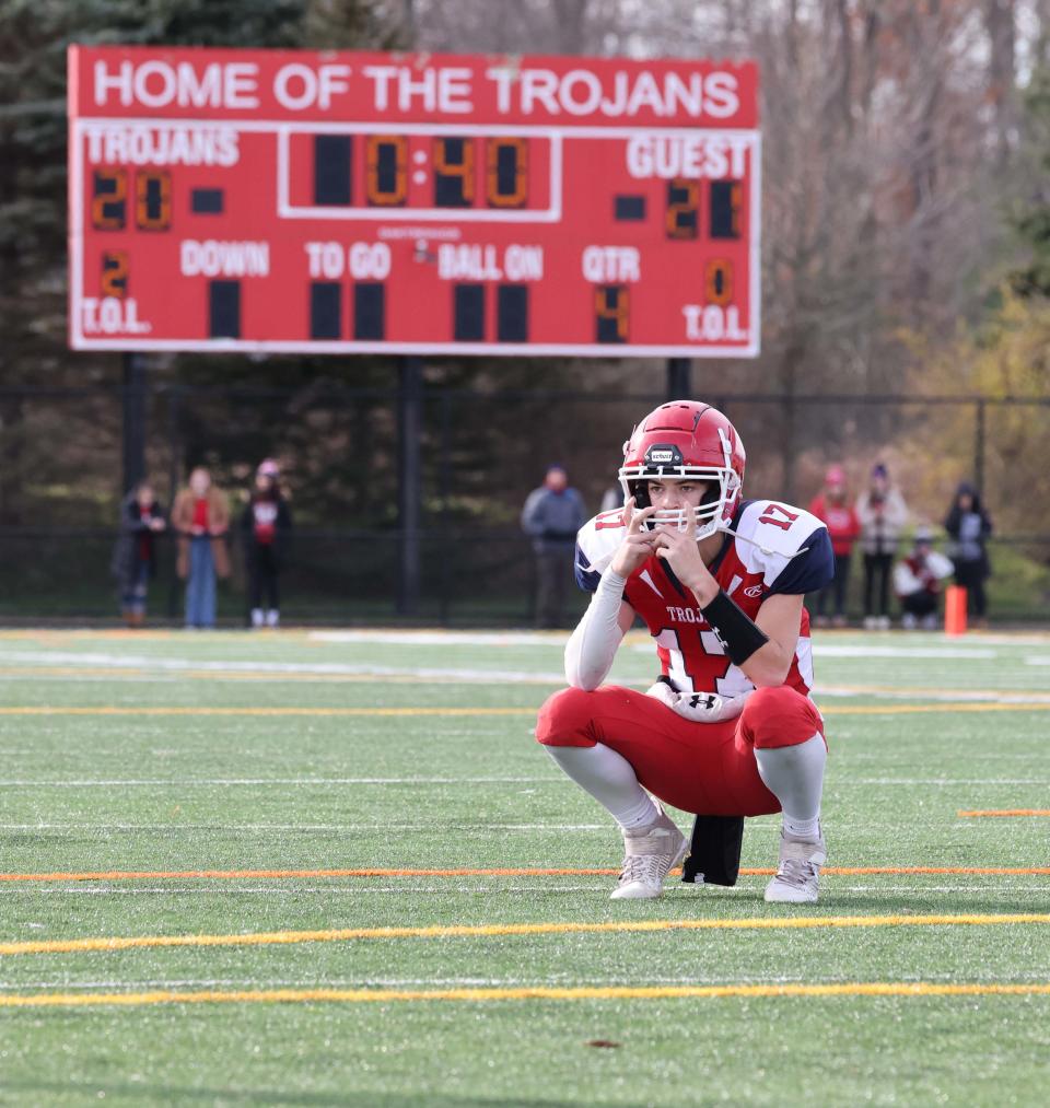 Bridgewater-Raynham quarterback Declan Byrne reacts after a game-tying two-point conversion failed late in the fourth quarter of the Thanksgiving Day game against Brockton on Thursday, Nov. 25, 2021.