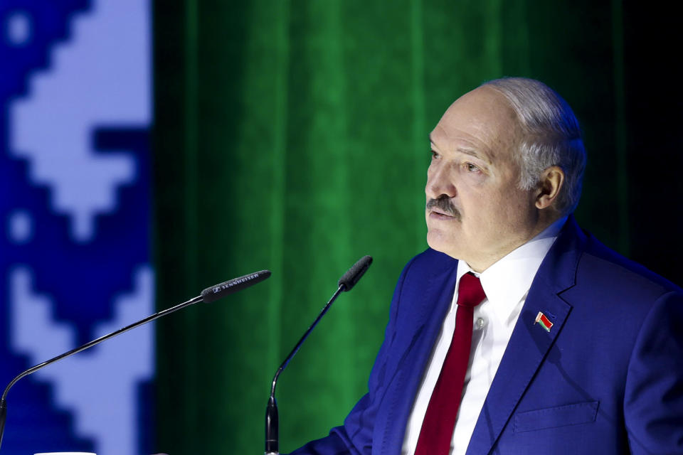 Belarus President Alexander Lukashenko delivers his speech during a state-of-the-nation address in Minsk, Belarus, Friday, Jan. 28, 2022. (Pavel Orlovsky/BelTA Pool Photo via AP)