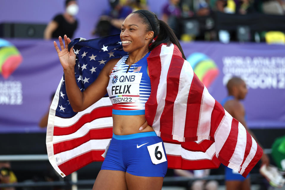 EUGENE, OREGON - JULY 15: Allyson Felix of Team United States reacts after winning bronze in the 4x400m Mixed Relay Final on day one of the World Athletics Championships Oregon22 at Hayward Field on July 15, 2022 in Eugene, Oregon. (Photo by Christian Petersen/Getty Images)