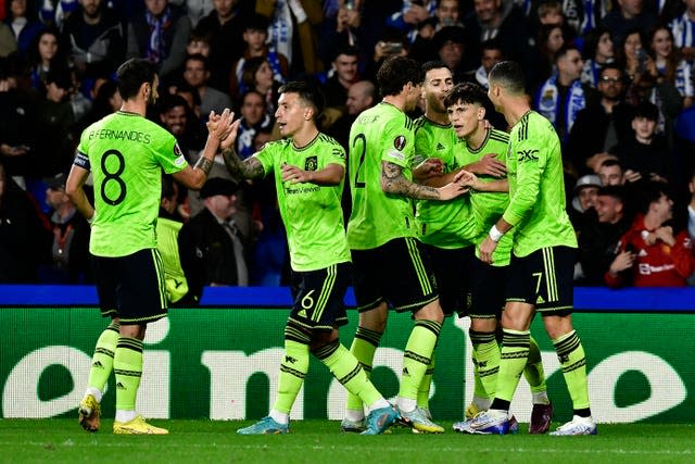 Manchester United celebrate Alejandro Garnacho's opener