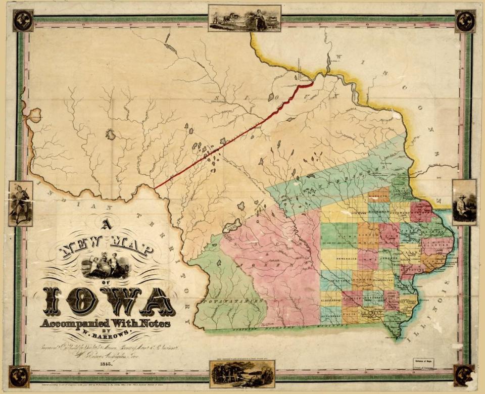 An 1845 map of Iowa depicting a proposed northern border.