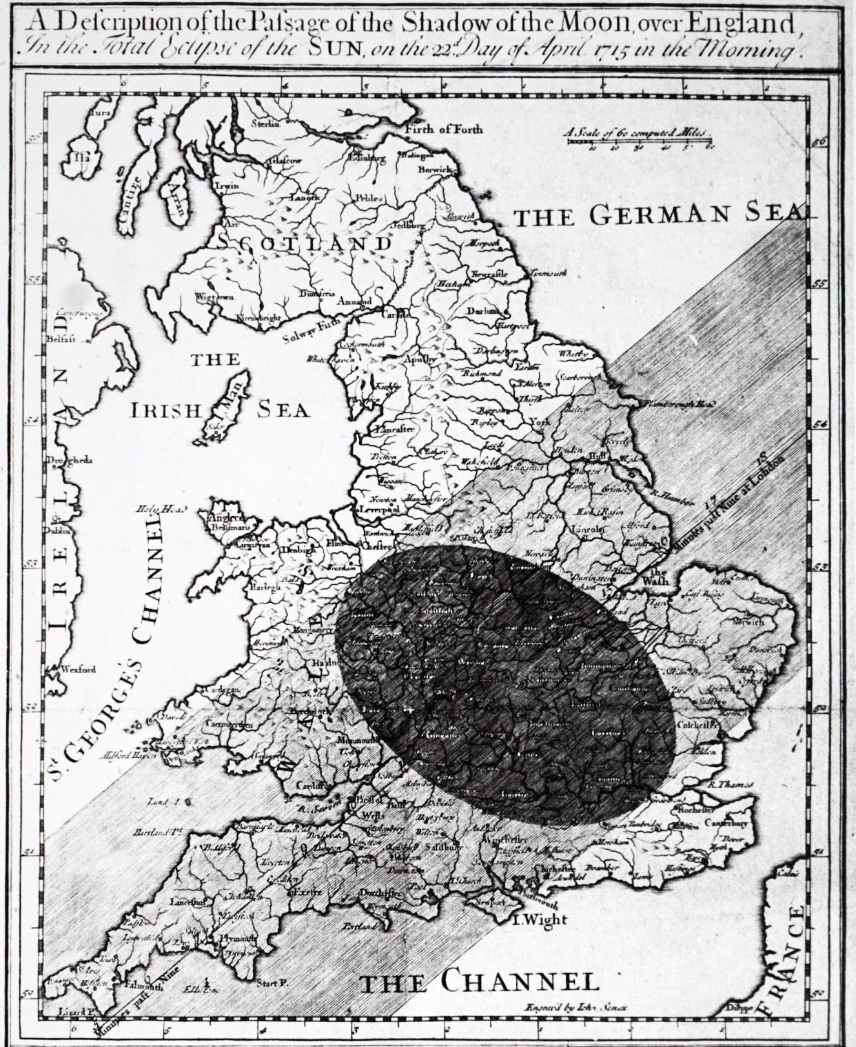 A map of England showing the path of an 18th century eclipse