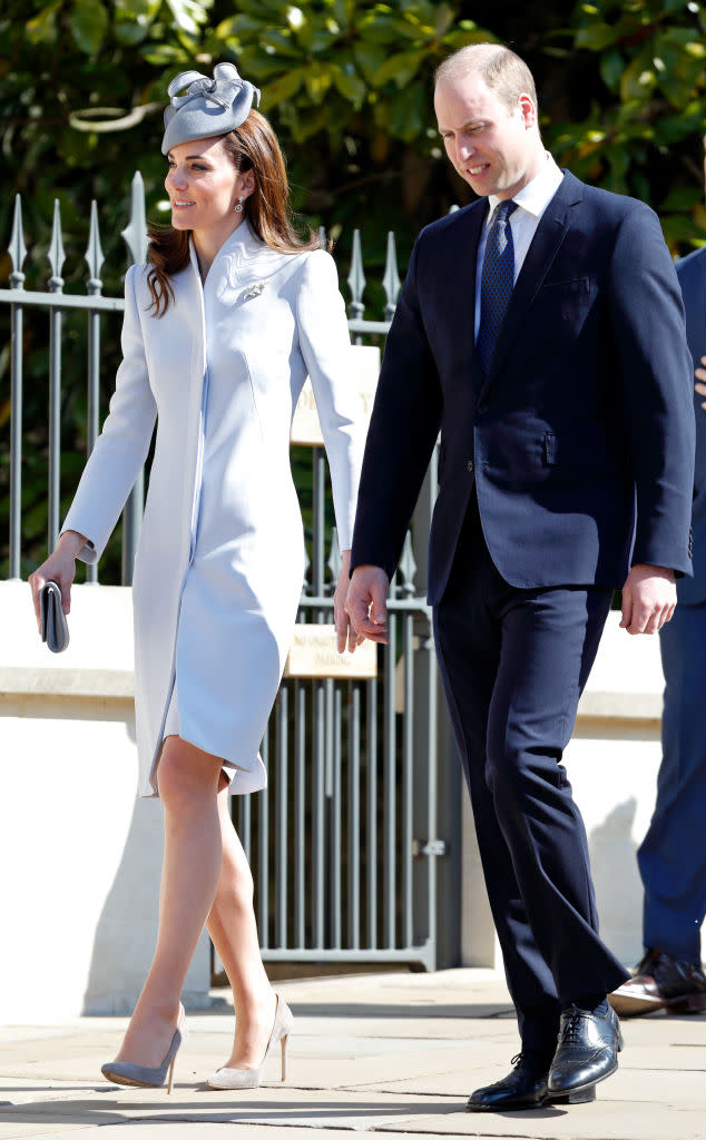 WINDSOR, UNITED KINGDOM - APRIL 21: (EMBARGOED FOR PUBLICATION IN UK NEWSPAPERS UNTIL 24 HOURS AFTER CREATE DATE AND TIME) Catherine, Duchess of Cambridge and Prince William, Duke of Cambridge attend the traditional Easter Sunday church service at St George's Chapel, Windsor Castle on April 21, 2019 in Windsor, England. Easter Sunday this year coincides with Queen Elizabeth II's 93rd birthday. (Photo by Max Mumby/Indigo/Getty Images)