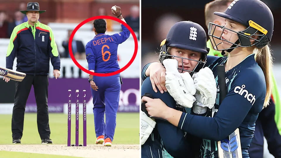 Deepti Sharma ran out Charlie Dean with a Mankad for the final wicket in India's win over England. Image: Getty
