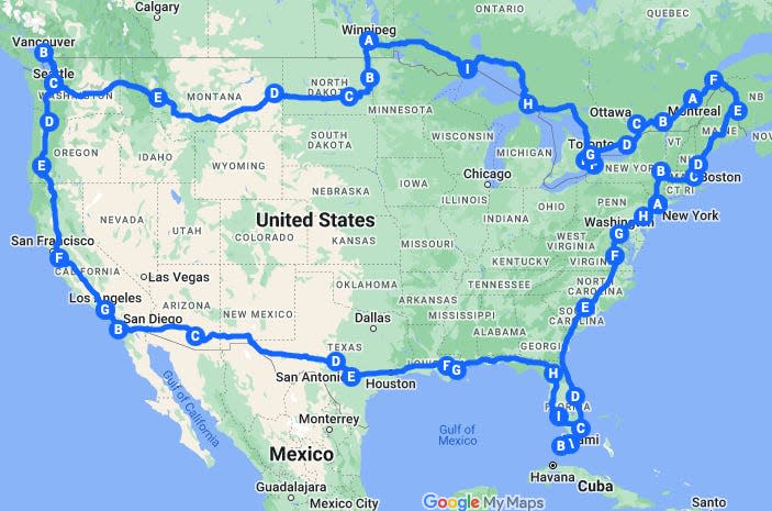 Wong shared a map of the course his road trip followed.