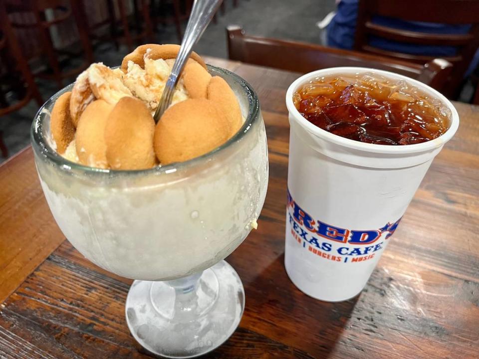 Fred’s Texas Cafe serves “Fred Burgers” and a family-sized banana pudding.
