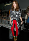 <b>London Fashion Week A/W13: Highlights</b><br><br>Our very own Angela Scanlon very on trend in colour pop and monochrome.<br><br>©Rex