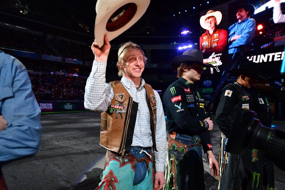 Hunter Ball during the second round of the Unleash the Beast Professional Bull Riders series last year in Indianapolis. Photo by . Photo credit must be given on all uses.