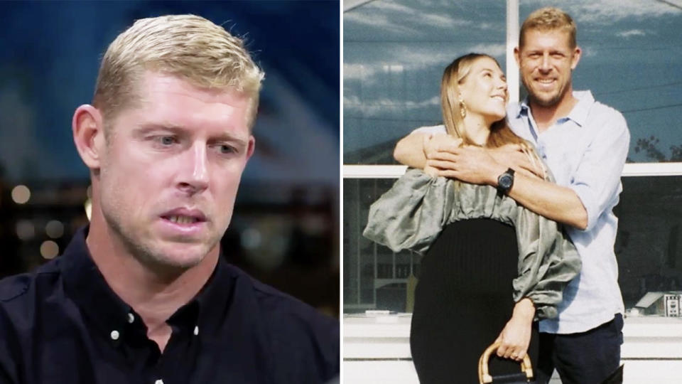 Mick Fanning getting emotional during his interview on 60 Minutes (pictured left) and hugging his fiancee Breeana Randall (pictured right).