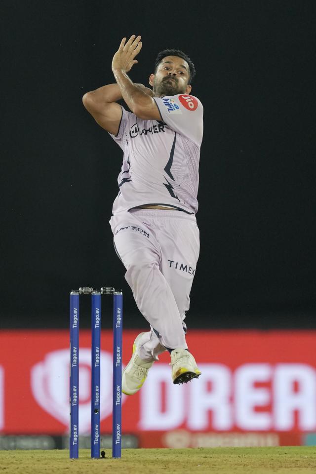 Gujarat Titans' Mohit Sharma delivers a ball during the Indian Premier League cricket match between Gujarat Titans and Sunrisers Hyderabad in Ahmedabad, India, Monday, May 15, 2023. (AP Photo/Ajit Solanki)
