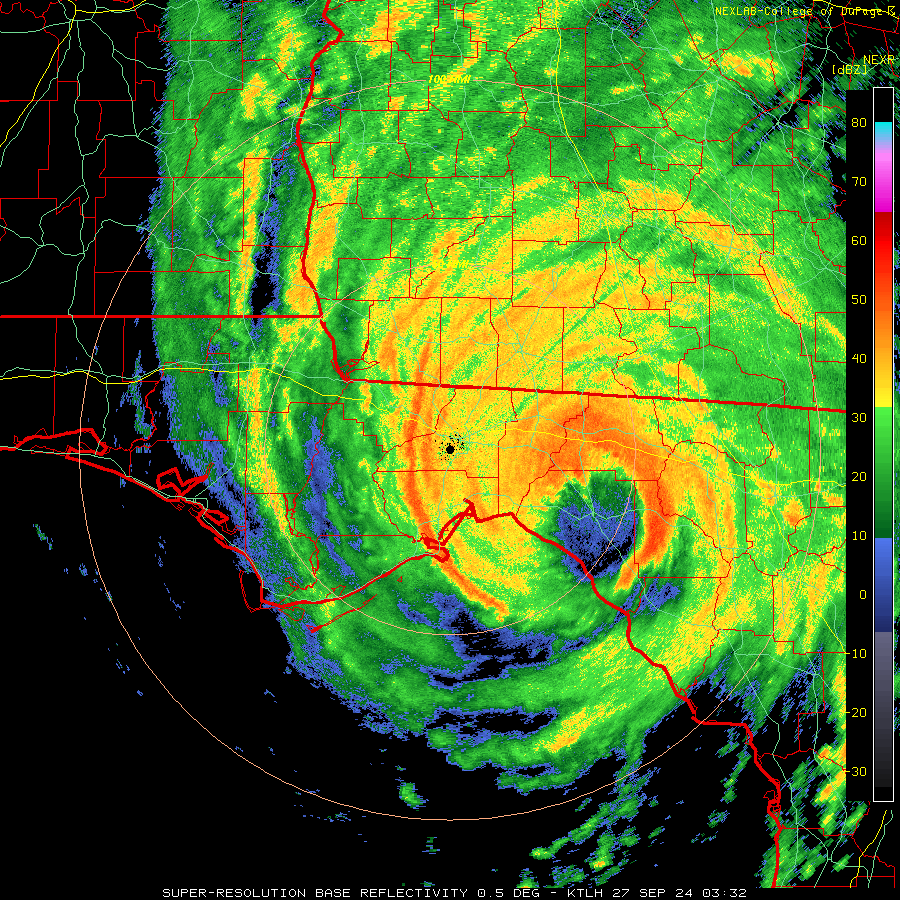 The eye of Hurricane Helene over Perry, Florida.