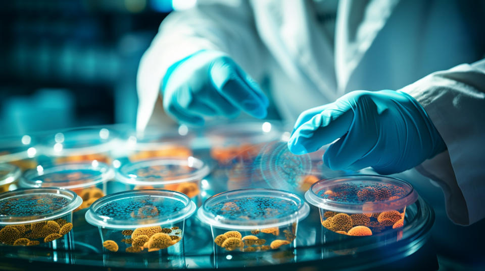 A scientist in a laboratory, studying a petri dish of live biotherapeutic cultures.