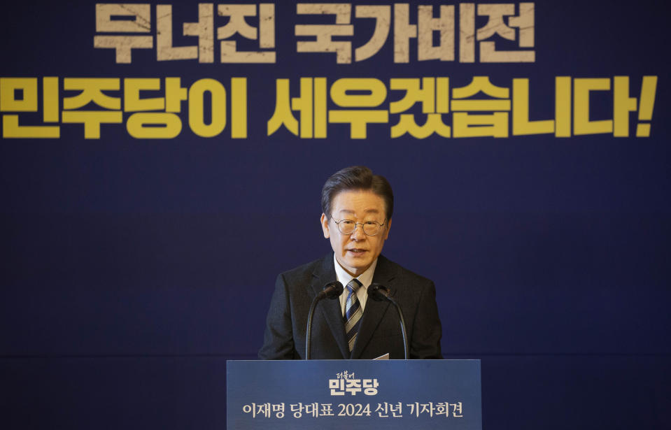 Lee Jae-myung, leader of South Korea's main opposition Democratic Party, speaks during 2024 New Year's press conference at National Assembly in Seoul Wednesday, Jan. 31, 2024. (Jeon Heon-Kyun/Pool Photo via AP)