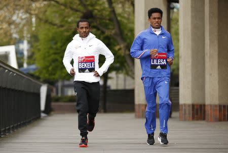 Britain Athletics - London Marathon Previews - London - 20/4/17 Kenenisa Bekele (L) and Feyisa Lilesa (R) of Ethiopia ahead of the 2017 Virgin Money London Marathon Action Images via Reuters / Matthew Childs Livepic