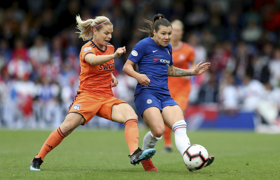 Chelsea's Ramona Bachmann in action during their UEFA Women's Champions League semi final second leg soccer match against Lyon at the Cherry Red Records Stadium, London, Sunday, April 28, 2019. (Bradley Collyer/PA via AP)