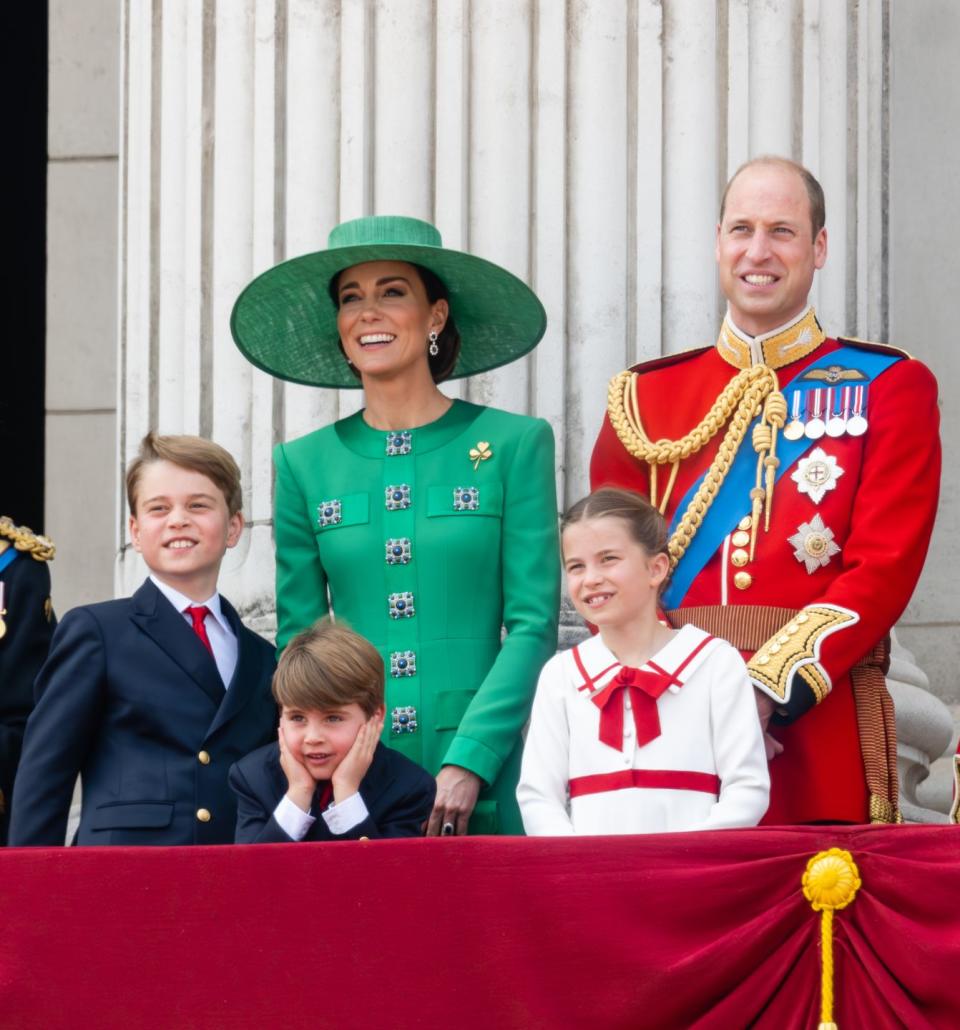 london, england june 17 prince george of wales, prince louis of wales, catherine, princess of wales, princess charlotte of wales, prince william of wales on the balcony during trooping the colour on june 17, 2023 in london, england trooping the colour is a traditional parade held to mark the british sovereigns official birthday it will be the first trooping the colour held for king charles iii since he ascended to the throne photo by samir husseinwireimage