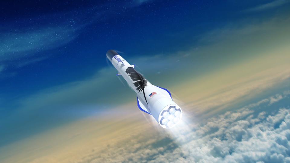 Eine Illustration der wiederverwendbaren Rakete New Glenn von Blue Origin beim Start ins All. - Copyright: Blue Origin