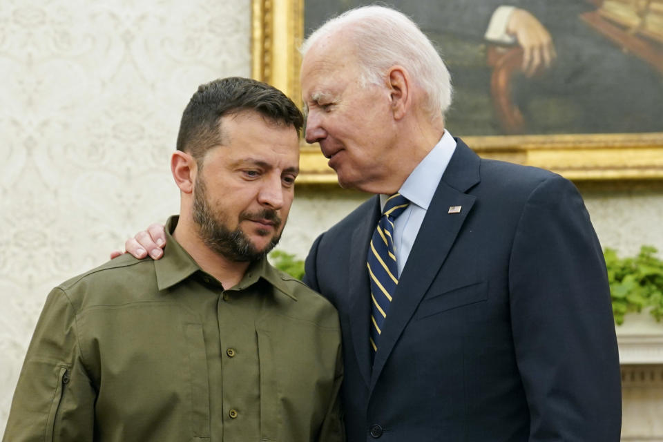 FILE - President Joe Biden meets with Ukrainian President Volodymyr Zelenskyy in the Oval Office of the White House, Thursday, Sept. 21, 2023, in Washington. (AP Photo/Evan Vucci, File)