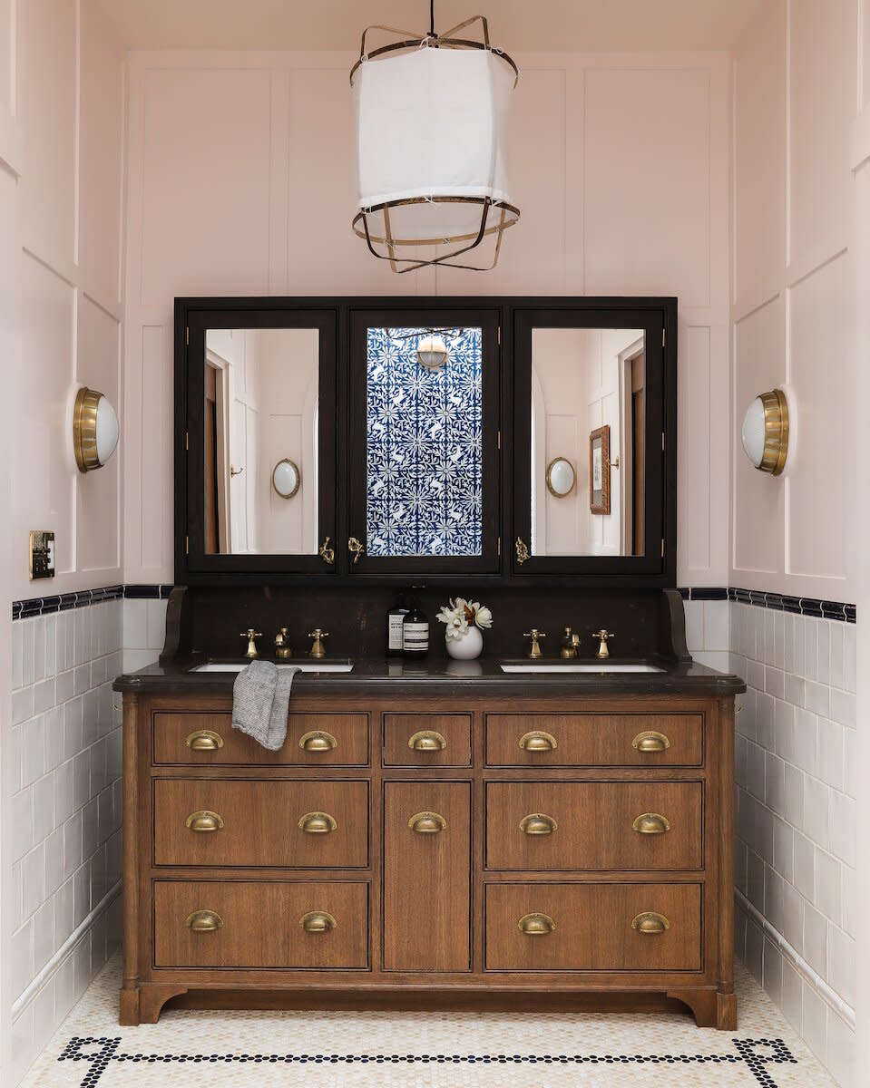 Bathroom Reveal, Antique Style Vanity with blush pink walls