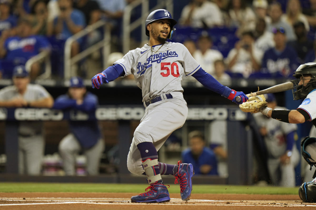 Los Angeles Dodgers right fielder Mookie Betts (50) makes a catch for an  out during a MLB game against the Miami Marlins, Sunday, May 16, 2021, in  Los Stock Photo - Alamy