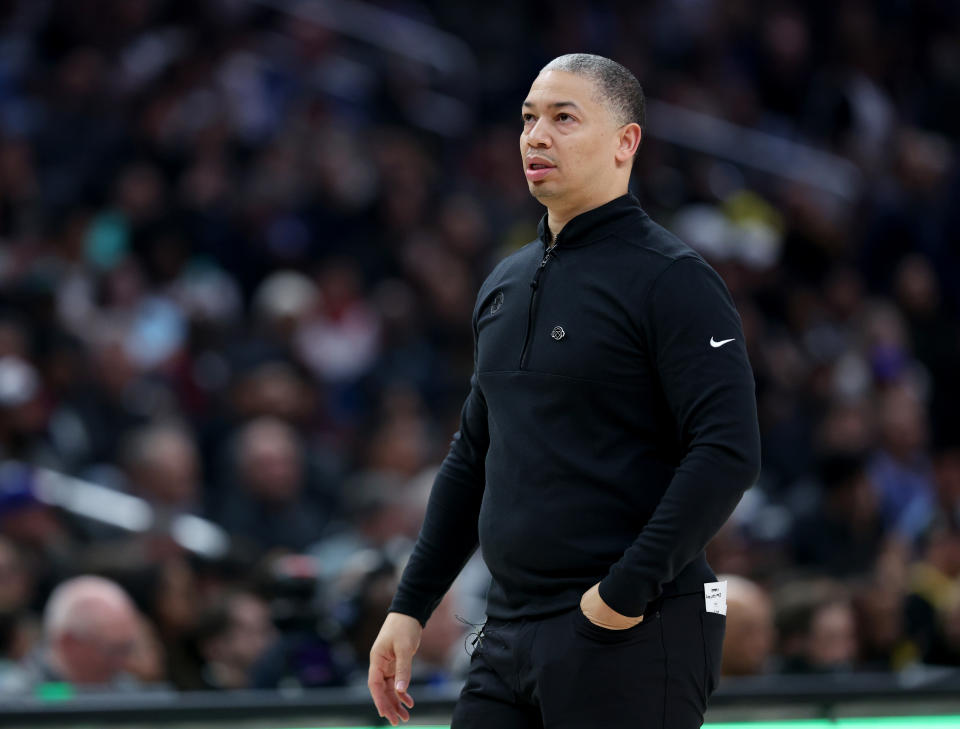 LOS ANGELES, CALIFORNIA – APRIL 04: Tyronn Lue of the LA Clippers reacts after a timeout during the first half against the Denver Nuggets at Crypto.com Arena on April 04, 2024 in Los Angeles, California.  You agree to the terms and conditions of the Getty Images License Agreement.  (Photo by Harry How/Getty Images)