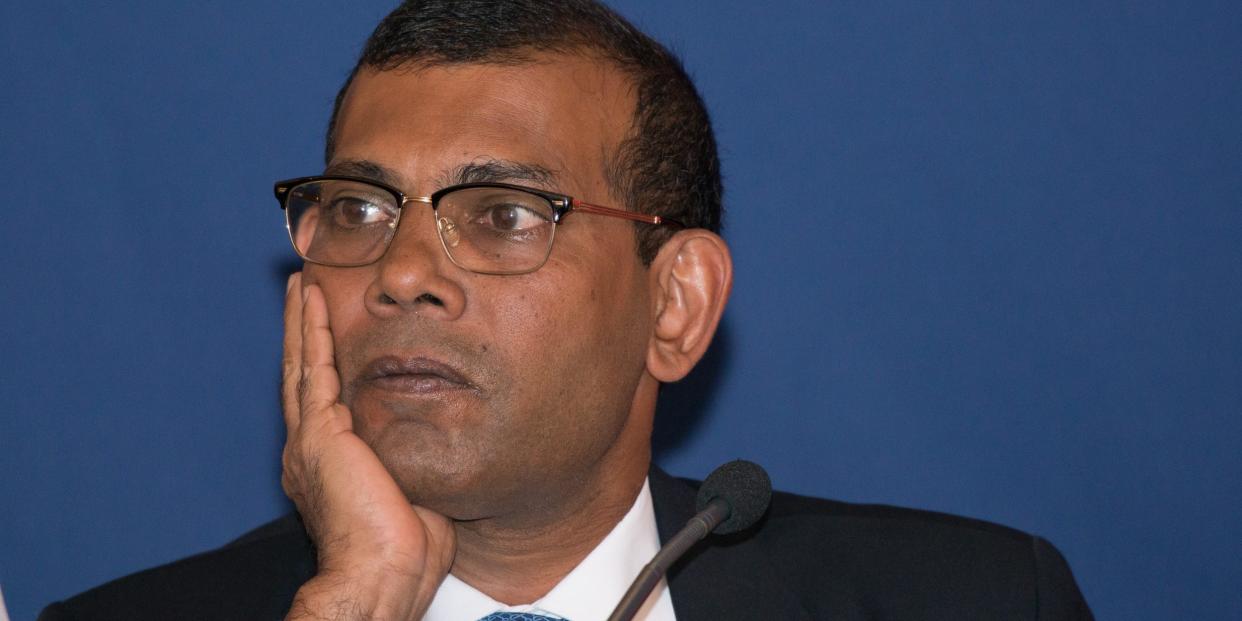 Mohammed Nasheed, the democratically elected president of the Maldives who was later deposed by a coup, speaks at the press conference of the 2017 Oslo Freedom on Forum May 22, 2017 at the Intercontinental Hotel in central Oslo, Norway.