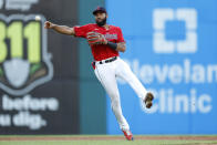 Cleveland Guardians shortstop Amed Rosario throws out Minnesota Twins' Gilberto Celestino at first base during the third inning of a baseball game Wednesday, June 29, 2022, in Cleveland. (AP Photo/Ron Schwane)