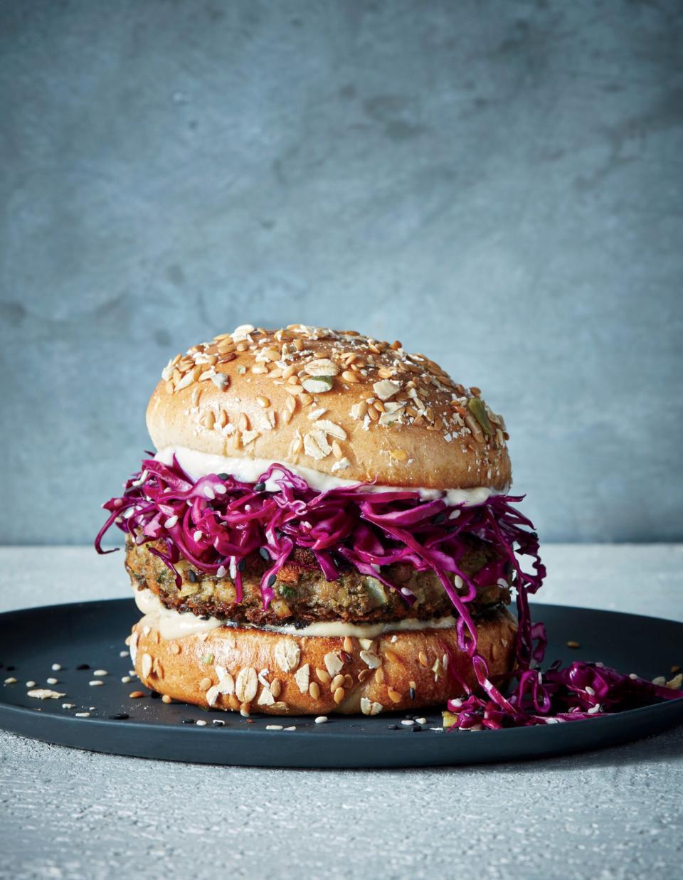 August: Lentil-Tahini Burgers with Pickled Cabbage