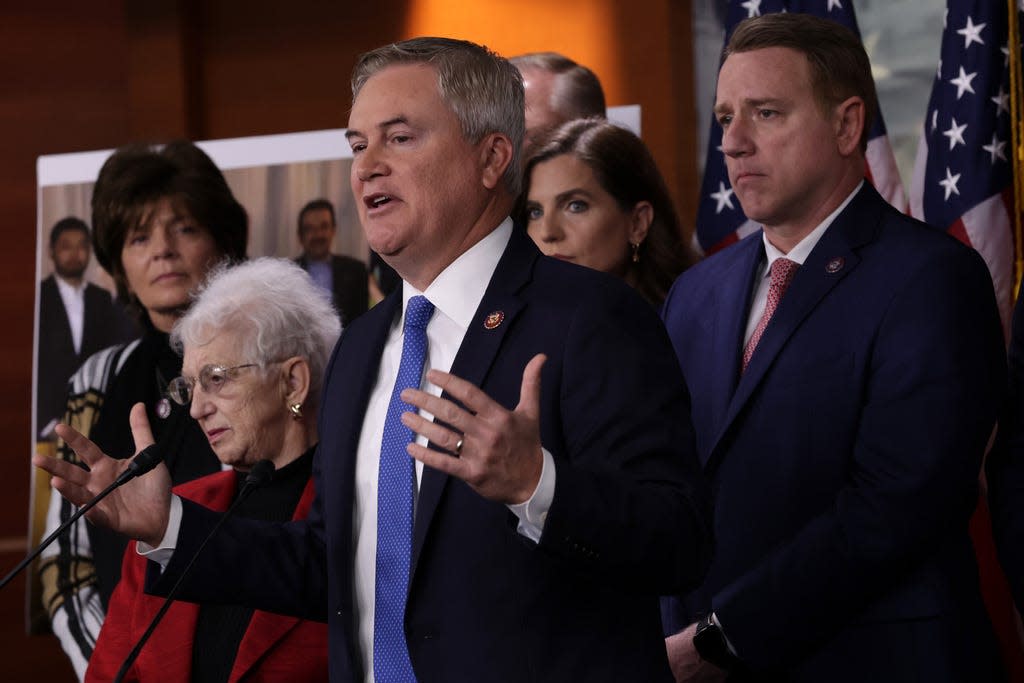 Flanked by House Republicans, U.S. Rep. James Comer, R-Ky., speaks during a news conference at the U.S. Capitol on November 17, 2022 in Washington, DC.