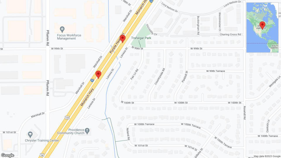 A detailed map that shows the affected road due to 'Warning in Lenexa: Crash reported on eastbound I-35' on December 10th at 1:48 p.m.