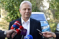 Incumbent Mayor of Budapest and candidate of the governing Fidesz-KDNP party Istvan Tarlos talks to reporters after he voted at the nationwide local elections in Budapest, Hungary, 13 October 2019. (Zoltan Mathe/MTI via AP)