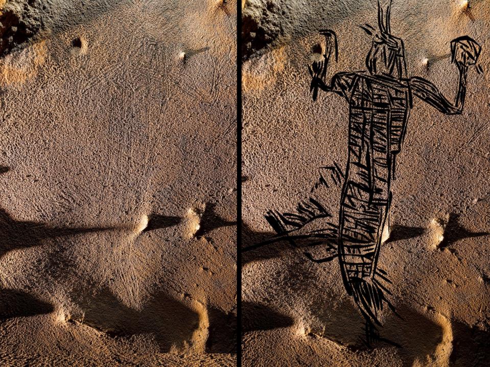 Scientists used high-resolution 3D photography to help reveal this Native American drawing, which is about 6 feet tall,  in the ceiling of a cave in Alabama. At left, is the cave ceiling how it appears to the naked eye. At right, you see the underlying drawing superimposed on the picture.