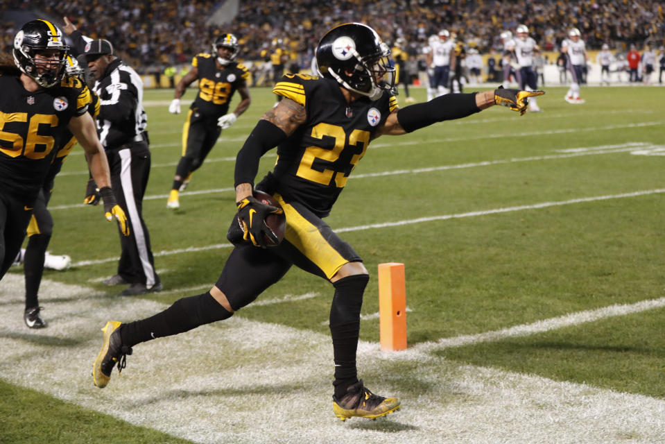 Pittsburgh Steelers cornerback Joe Haden (23) celebrates after intercepting a pass intended for New England Patriots wide receiver Julian Edelman during the second half of an NFL football game in Pittsburgh, Sunday, Dec. 16, 2018. (AP Photo/Keith Srakocic)