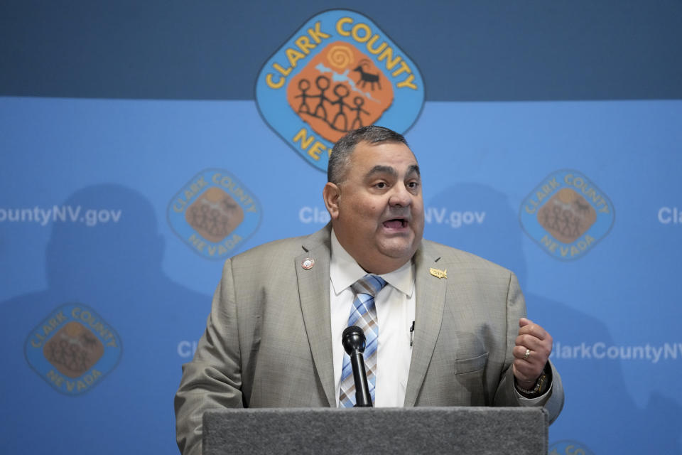 FILE - Clark County Registrar of Voters Joe Gloria speaks at a news conference at the Clark County Election Department, Nov. 10, 2022, in Las Vegas. During the 2020 election and this year’s midterms, Gloria became the face of Nevada’s lengthy vote-counting process that allows for mailed ballots to be counted if they are postmarked on Election Day and received by an elections office within four days. (AP Photo/Gregory Bull, File)