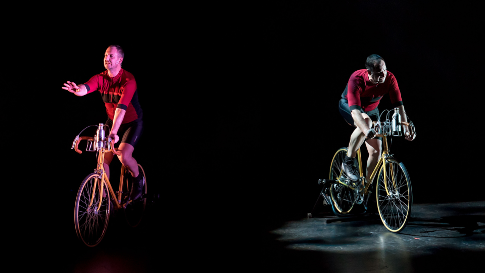 Two photos of the same man on a bicycle, so it looks like they ride side-by-side.