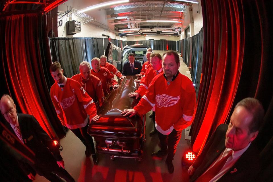 Dylan Larkin, No. 71 of the Detroit Red Wings, Terry Zangkas, Al Sobotka, Jeff Lindsay, Lew LaPaugh, former Red Wings Eddie Mio and Joey Kocur during the public visitation of NHL Hall of Famer and former Detroit Red Wing Ted Lindsay at Little Caesars Arena on March 9, 2019, in Detroit.