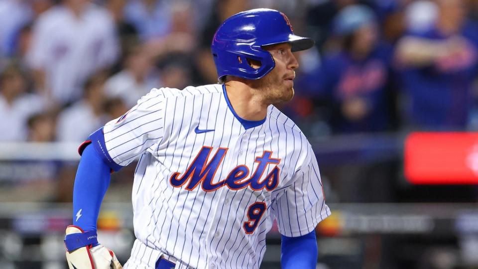 New York Mets center fielder Brandon Nimmo (9) looks up at his two run home run during the fifth inning against the Milwaukee Brewers at Citi Field