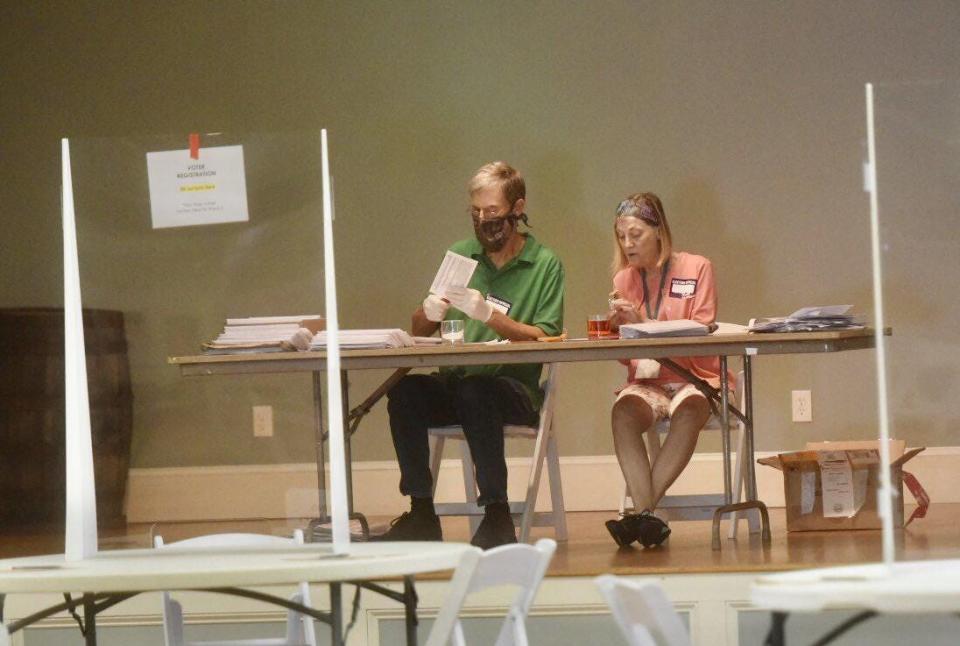 Elections workers  count absentee ballots at Dover's Ward 6 at the Hellenic Center during a New Hampshire state primary.