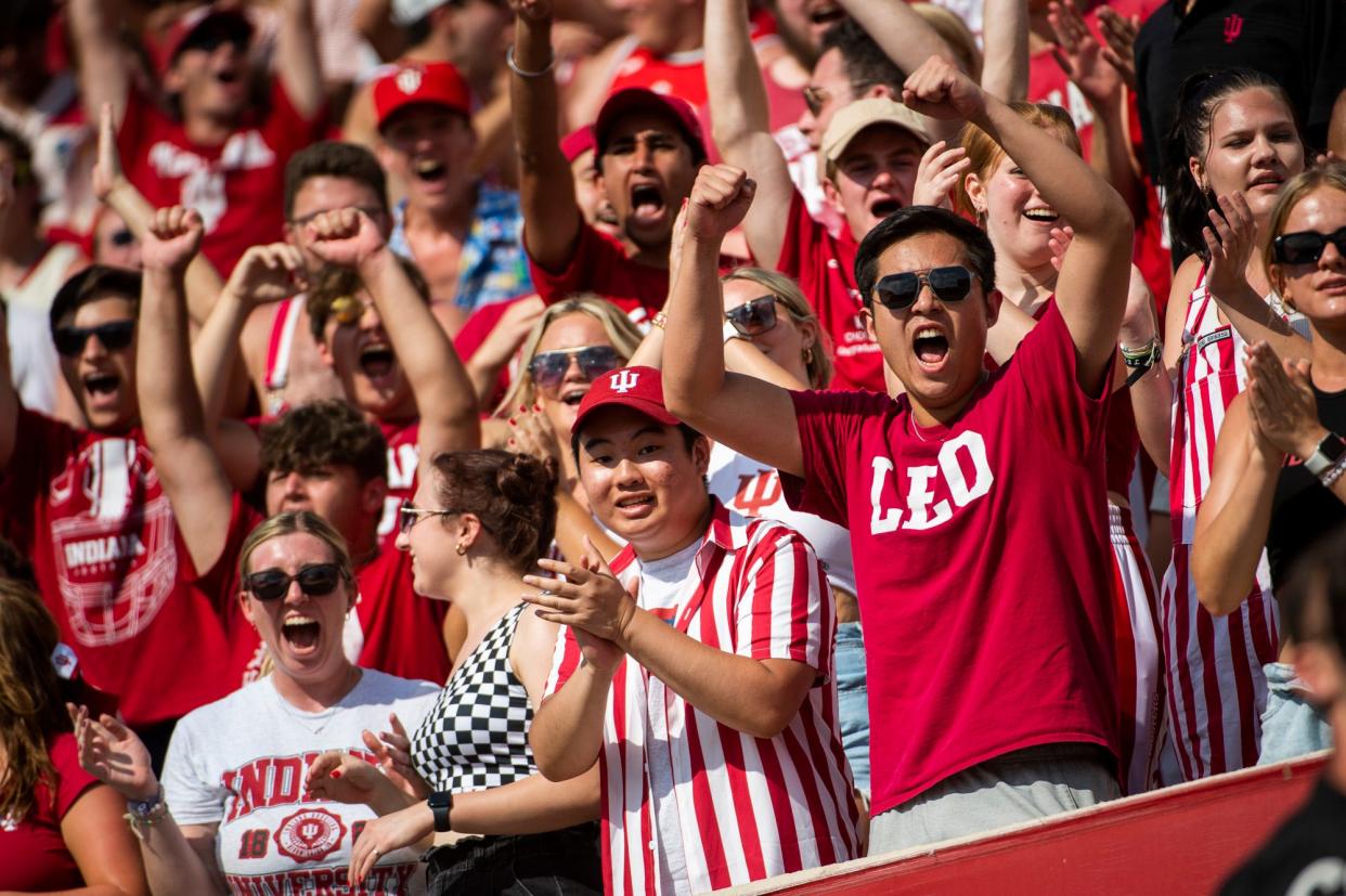 Indiana students cheer during the first half of the Indiana versus Ohio State football game at Memorial Stadium on Saturday, Sept. 2, 2023