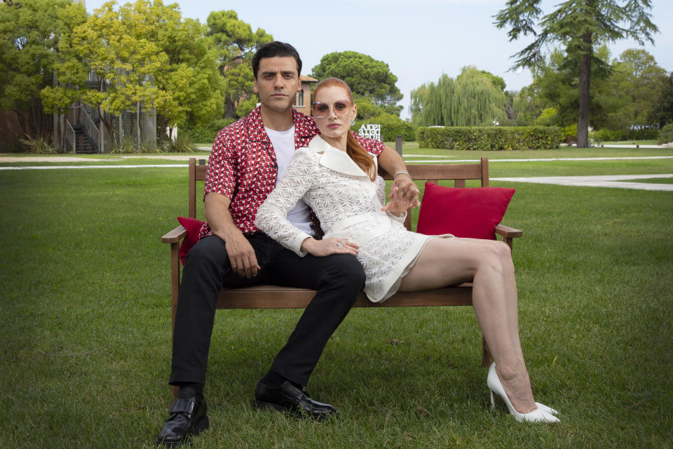 FILE - In this Sept, 4, 2021 file photo Oscar Isaac, left, and Jessica Chastain pose for portraits for the film 'Scenes from a Marriage' during the 78th edition of the Venice Film Festival in Venice, Italy. (Photo by Joel C Ryan/Invision/AP, File)