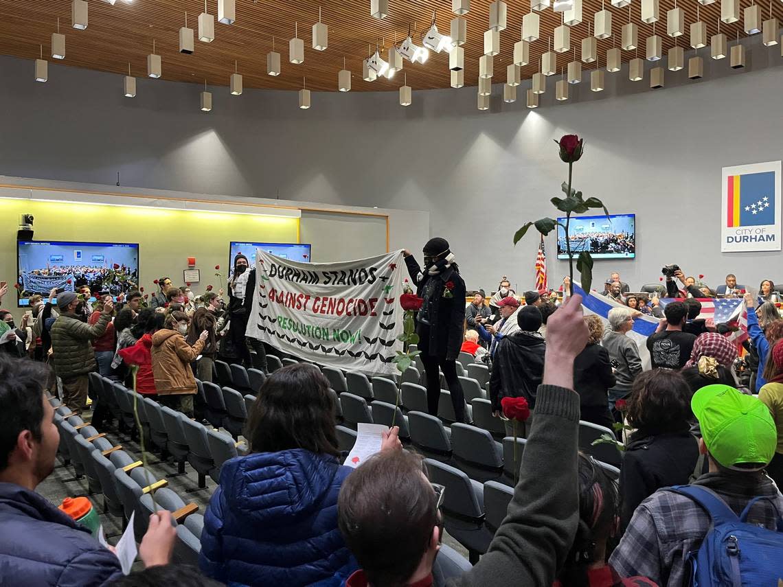 Pro-Palestine protestors brought a Durham City Council meeting to a standstill for 15 minutes on Monday, Feb. 5, 2024. They are calling for the council to pass a resolution causing for a ceasefire in the Israel-Hamas war.