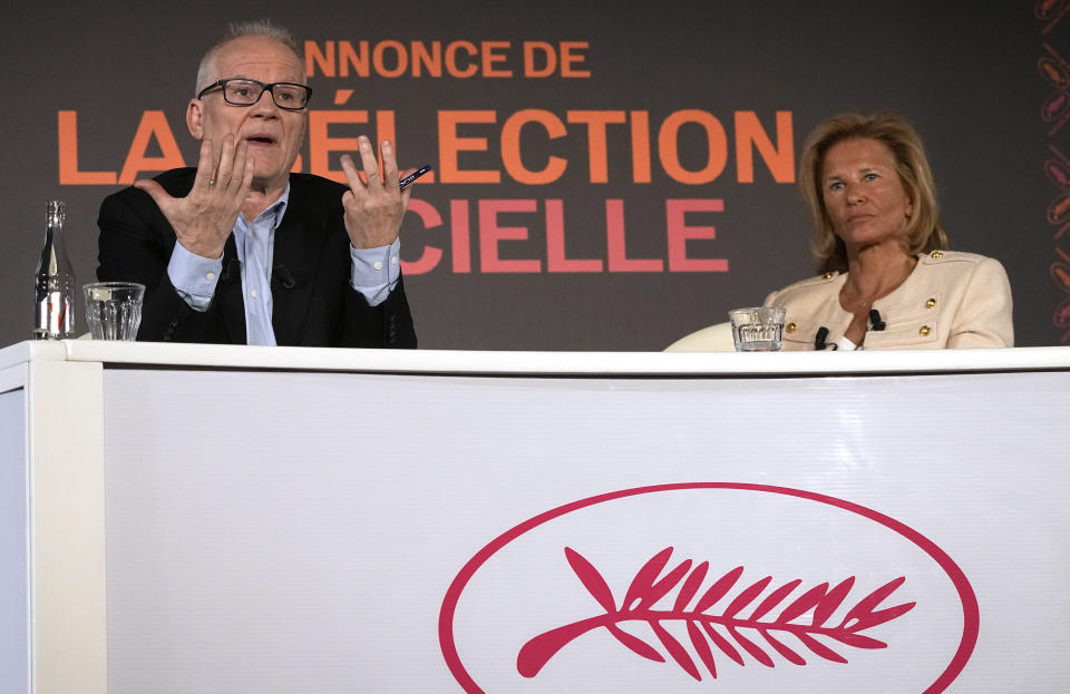 Cannes film festival president Iris Knobloch, right, and Festival delegate general Thierry Fremaux attend a press conference to announce the International Cannes film festival line up for the upcoming 76th edition of the Cannes Film Festival, Thursday, April 13, 2023 in Paris. The International Cannes Film festival will run from May 16 to May 27, 2023. (AP Photo/Michel Euler)