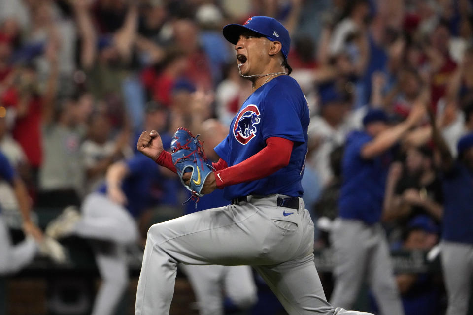 Chicago Cubs relief pitcher Adbert Alzolay celebrates after getting St. Louis Cardinals' Alec Burleson to fly out ending a baseball game in the ninth inning Friday, July 28, 2023, in St. Louis. The Cubs on 3-2. (AP Photo/Jeff Roberson)
