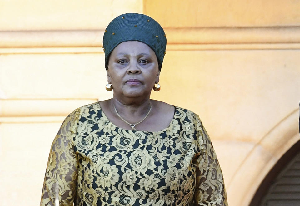 FILE - South African Speaker of the National Assembly of South Africa Nosiviwe Mapisa-Nqakula, stands ahead of South African President Cyril Ramaphosa's state of the nation address, at the City Hall in Cape Town on Feb. 8, 2024. Mapisa-Nqakula faces imminent arrest over corruption charges after her bid to block police and prosecutors from arresting her was dismissed by the North Gauteng High Court in Pretoria on Tuesday, April 2, 2024. Mapisa-Nqakula, who is a senior member of the country’s ruling African National Congress party, is accused of receiving bribes from a defence contractor while she was still a minister of defence. (Rodger Bosch/pool photo via AP, File)