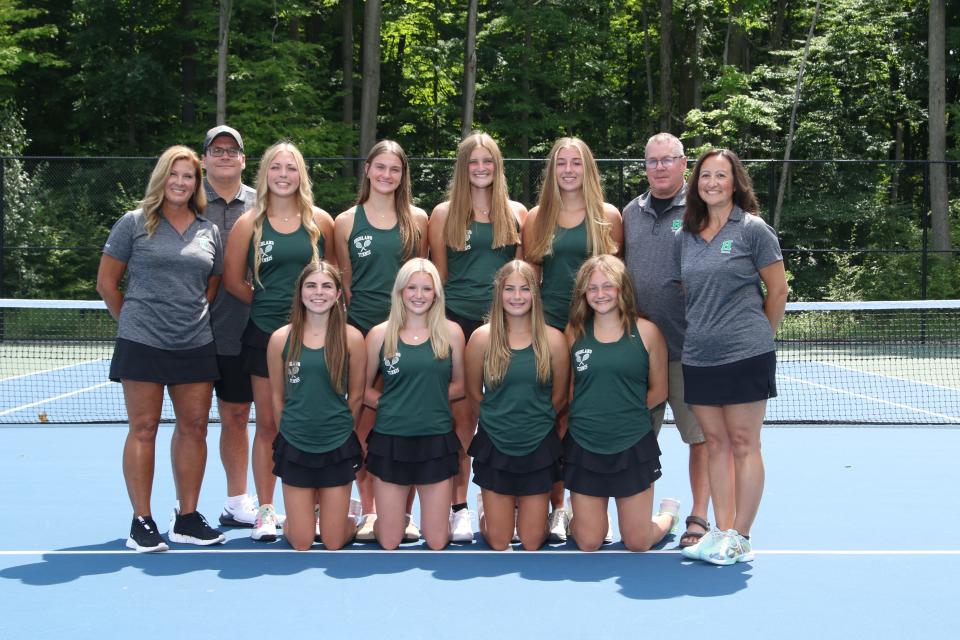 The Highland girls tennis team, left to right, front row, Sarah Kelly, Hailey Pennington, Lily Hantz and Claire Schlak, second row, coaches Lisa Reynolds and Josh Bertolone, Ella Tople, Wren Marquis, Mackenzie Pawlak, Ally Haynes and coaches Ty Damon and Lisa Boucher.