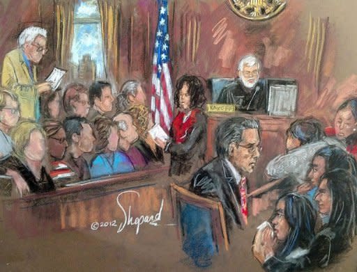 In this courtroom drawing, former Goldman Sachs and Procter & Gamble board member Rajat Gupta (C) listens as a jury declares him guilty of insider trading