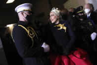 Lady Gaga arrives to sing the National Anthem at the inauguration of U.S. President-elect Joe Biden on the West Front of the U.S. Capitol on Wednesday, Jan. 20, 2021 in Washington. (Win McNamee /Pool Photo via AP)