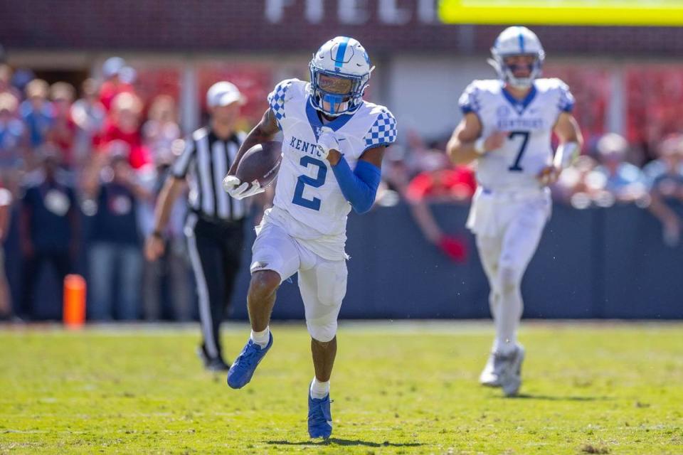 Kentucky Wildcats wide receiver Barion Brown (2) runs the ball in the fourth quarter of Saturday’s game against Ole Miss.
