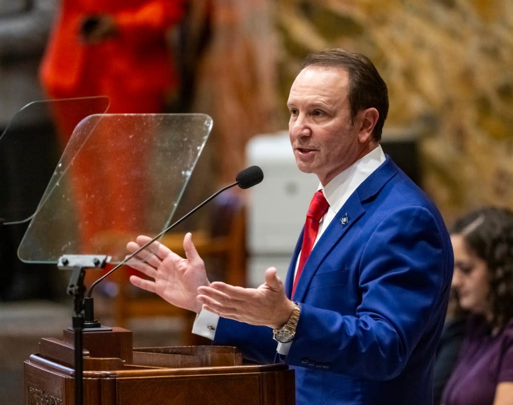 Gov. Jeff Landry speaks during the start of the special session in the House Chamber on Monday, Jan. 15, 2024, in Baton Rouge, La. (Michael Johnson/The Advocate via AP, Pool, File)