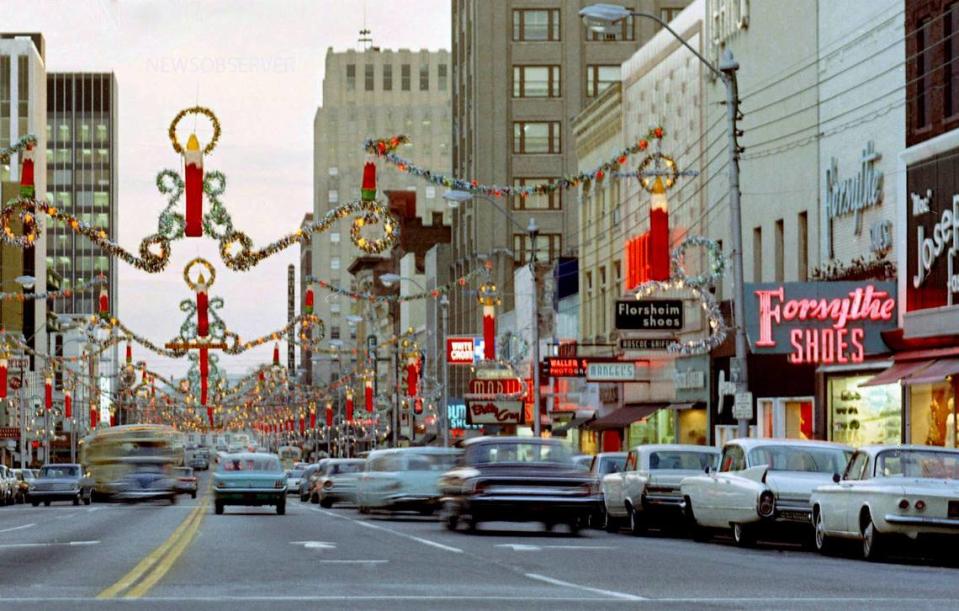 Christmas decorations along Raleigh, N.C.’s Fayetteville Street in December 1968.